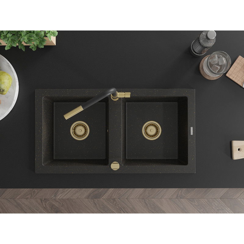 Mexen Mario granieten spoelbak met 2 kommen en keukenkraan Flora, zwart/goud metallic - 6504-75-670401-57-G