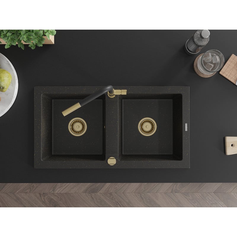 Mexen Mario Granitspüle 2-Kammer mit Küchenarmatur Flora, schwarz/gold metallic - 6504-75-670401-57-G