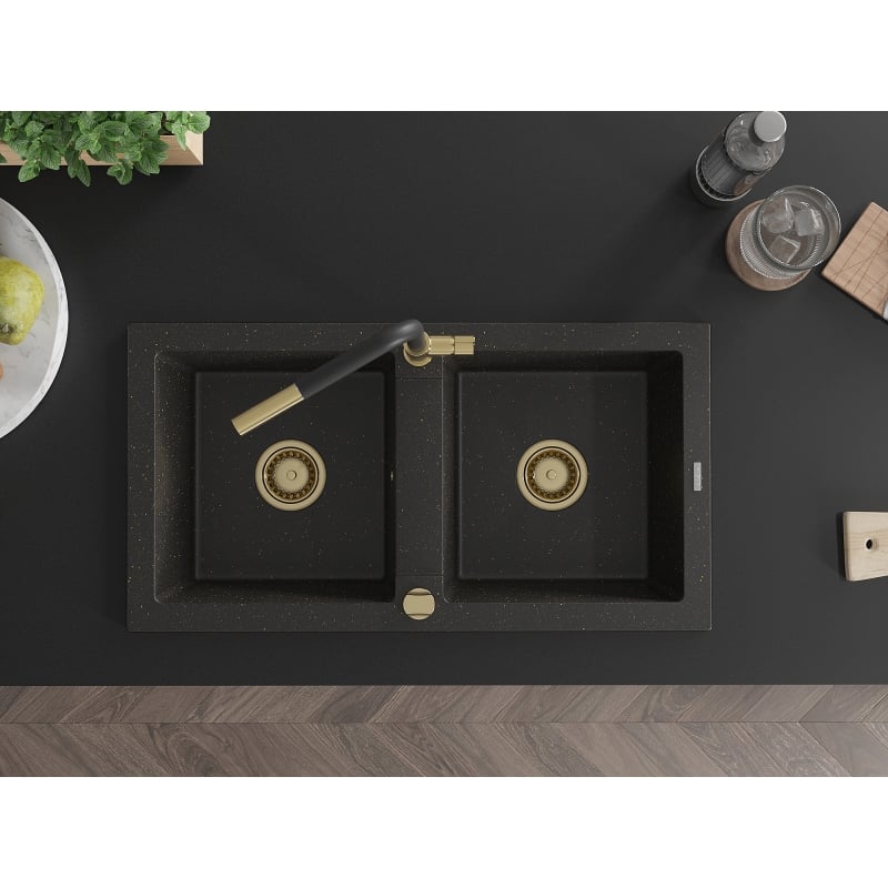 Mexen Mario Granitspüle 2-Kammern mit Küchenarmatur Flora, schwarz/goldener Metallic - 6504-75-670401-57-G