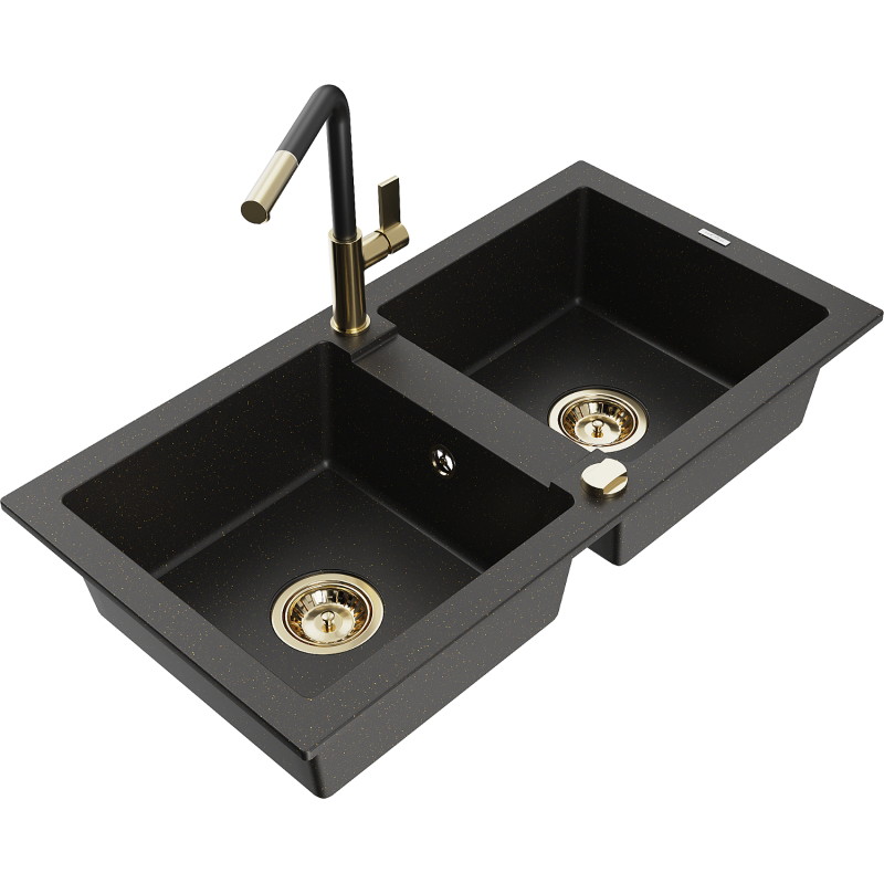 Mexen Mario fregadero de granito de 2 senos con grifo de cocina Flora, negro/oro metálico - 6504-75-670401-57-G