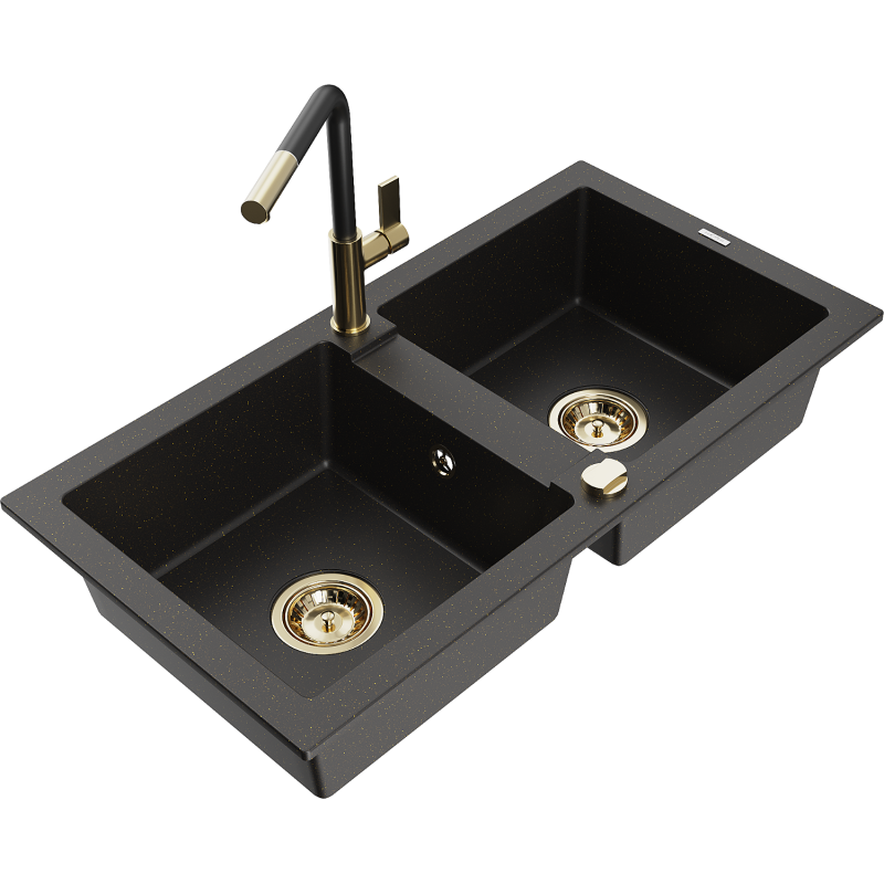 Mexen Mario Granitspüle 2-Kammer mit Küchenarmatur Flora, schwarz/gold metallic - 6504-75-670401-57-G