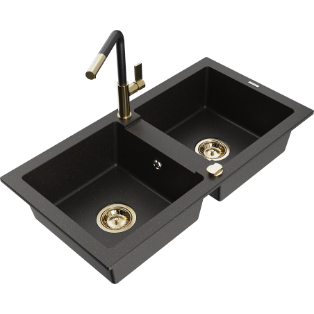 Mexen Mario fregadero de granito de 2 compartimentos con grifo de cocina Flora, negro/dorado metálico - 6504-75-670401-57-G