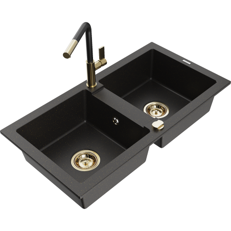Mexen Mario Granitspüle 2-Kammer mit Küchenarmatur Flora, schwarz/gold metallic - 6504-75-670401-57-G