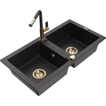 Mexen Mario Granitspüle 2-Kammern mit Küchenarmatur Flora, schwarz/goldener Metallic - 6504-75-670401-57-G