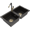 Mexen Mario fregadero de granito de 2 compartimentos con grifo de cocina Flora, negro/oro metálico - 6504-75-670401-57-G