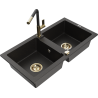 Mexen Mario Granitspüle 2-Kammer mit Küchenarmatur Flora, schwarz/gold metallic - 6504-75-670401-57-G