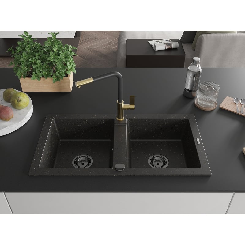 Mexen Mario granite kitchen sink 2-bowl with Flora kitchen faucet, black/gold metallic - 6504-75-670401-57-B