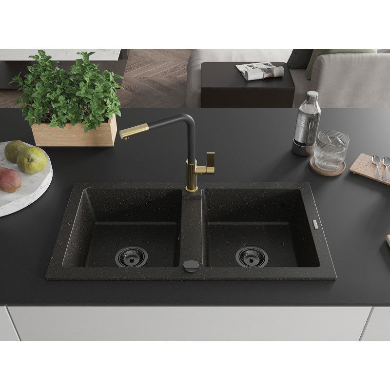 Mexen Mario granite sink 2-chamber with Flora kitchen tap, black/gold metallic - 6504-75-670401-57-B