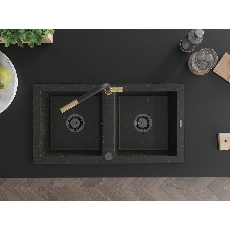 Mexen Mario lava-louça de granito de 2 cubas com torneira de cozinha Flora, preto/dourado metálico - 6504-75-670401-57-B