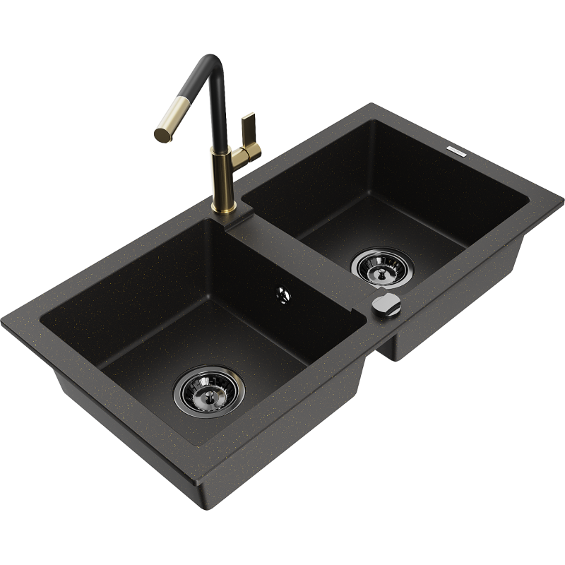 Mexen Mario granitdiskho med 2 fack, med köksblandare Flora, svart/guld metallisk - 6504-75-670401-57-B