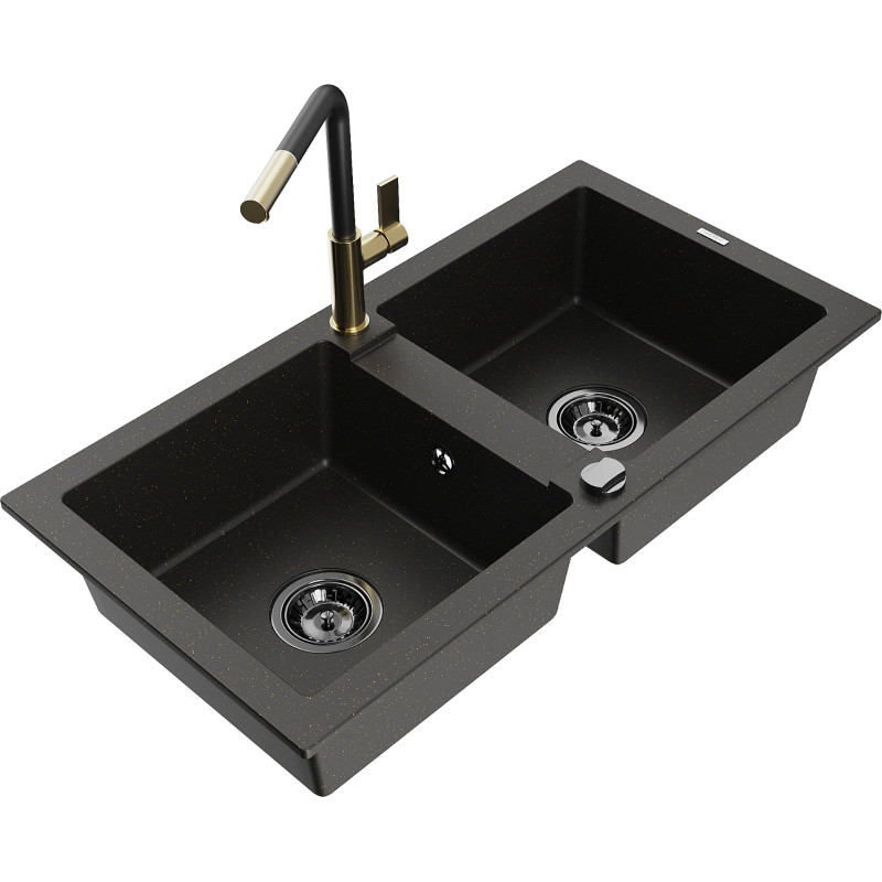 Mexen Mario tweevoudige granieten spoelbak met Flora keukenmengkraan, zwart/goud metallic - 6504-75-670401-57-B
