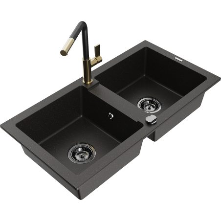 Mexen Mario granite sink 2-chamber with Flora kitchen tap, black/gold metallic - 6504-75-670401-57-B