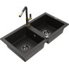 Mexen Mario granitspüle 2-becken mit Küchenarmatur Flora, schwarz/gold metallic - 6504-75-670401-57-B