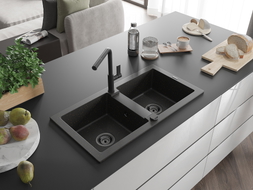 Mexen Mario granite double-bowl sink with Flora kitchen faucet, black/gold metallic - 6504-75-670401-70-B