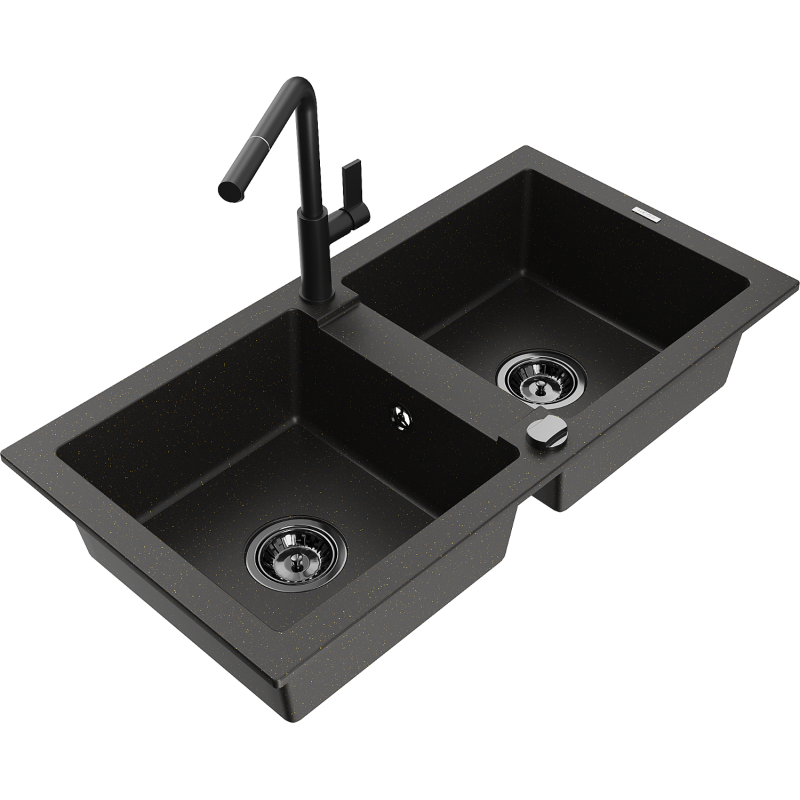 Mexen Mario fregadero de granito de 2 cubetas con grifo de cocina Flora, negro/dorado metálico - 6504-75-670401-70-B