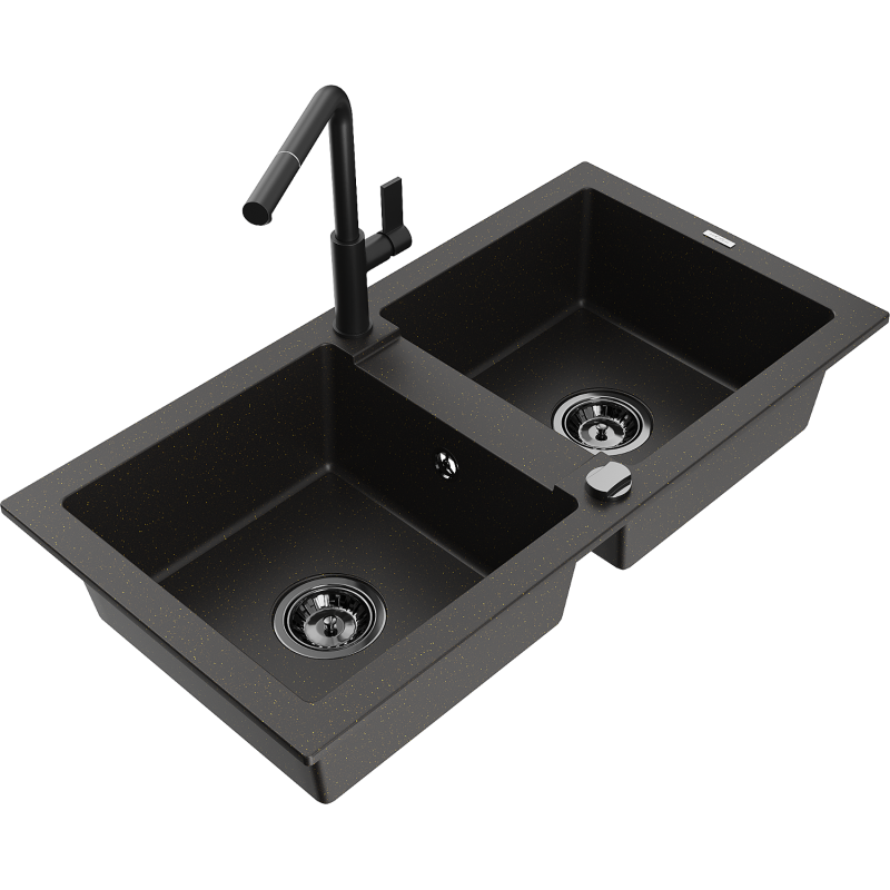 Mexen Mario granite double-bowl sink with Flora kitchen tap, black/gold metallic - 6504-75-670401-70-B