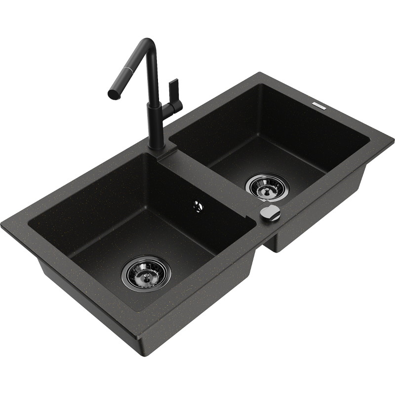 Mexen Mario Granitspüle 2-Kammer mit Küchenarmatur Flora, Schwarz/Gold Metallic - 6504-75-670401-70-B