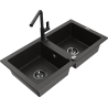 Mexen Mario granite double-bowl sink with Flora kitchen tap, black/gold metallic - 6504-75-670401-70-B