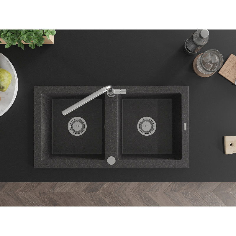 Mexen Mario fregadero de granito de 2 senos con grifo de cocina Flora, negro moteado - 6504-76-670401-00