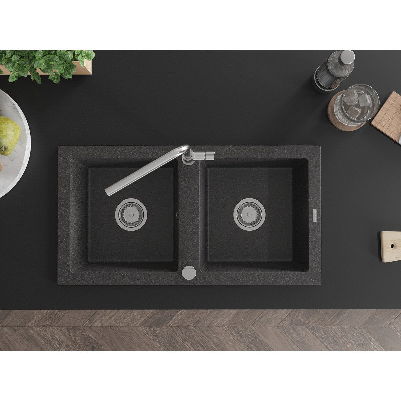 Mexen Mario granite kitchen sink 2-bowl with Flora kitchen tap, black speckled - 6504-76-670401-00