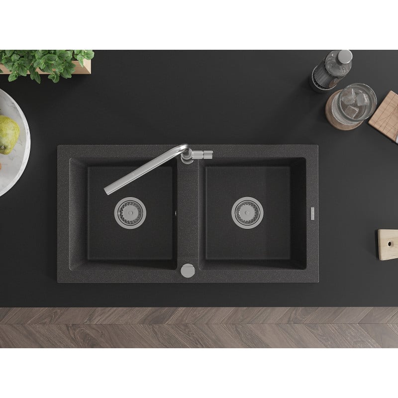 Mexen Mario lava-louça de granito 2-cubas com torneira de cozinha Flora, preto salpicado - 6504-76-670401-00