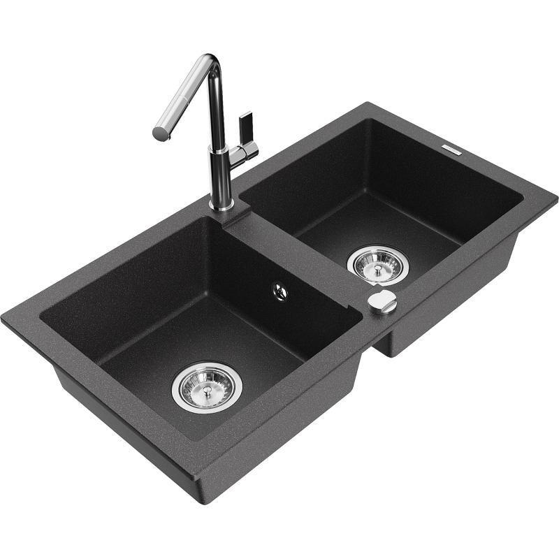 Mexen Mario granite kitchen sink 2-bowl with Flora kitchen tap, black speckled - 6504-76-670401-00
