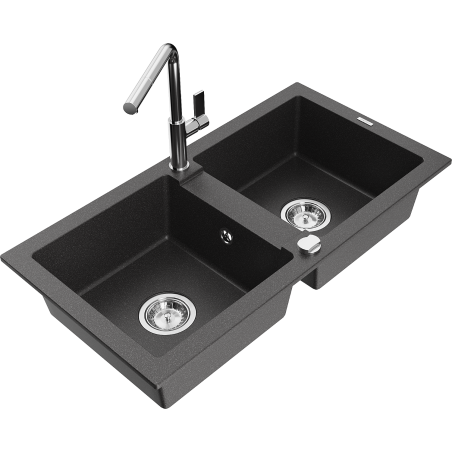 Mexen Mario granite kitchen sink 2-bowl with Flora kitchen tap, black speckled - 6504-76-670401-00
