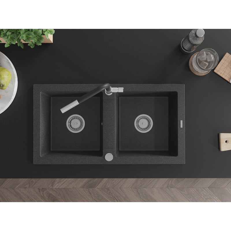 Mexen Mario fregadero de granito de 2 compartimentos con grifo de cocina Flora, negro moteado - 6504-76-670401-07