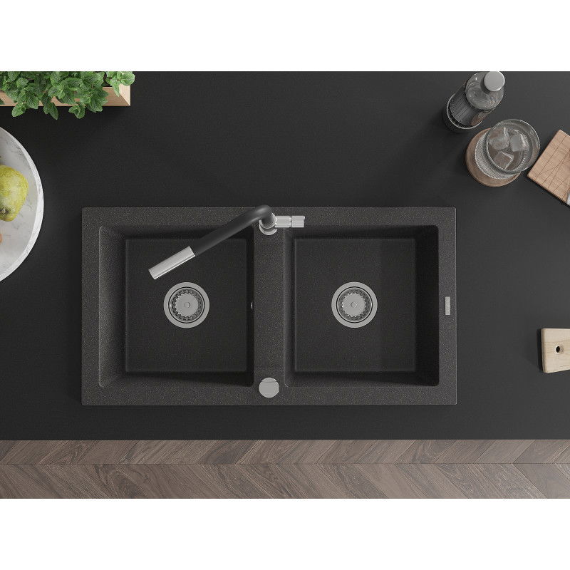 Mexen Mario granīta izlietne ar divām nodalījumiem un Flora virtuves krānu, melna ar plankumiem - 6504-76-670401-07