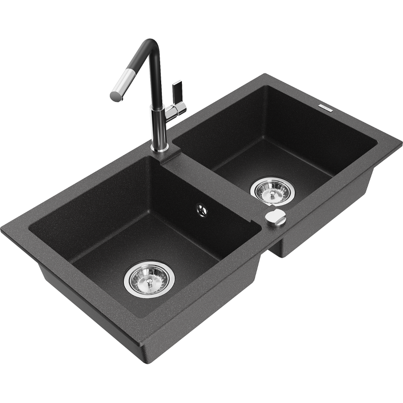 Mexen Mario 2-bowl Granite Kitchen Sink with Flora Tap, Black Speckled - 6504-76-670401-07
