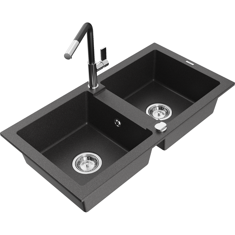 Mexen Mario fregadero de granito de 2 compartimentos con grifo de cocina Flora, negro moteado - 6504-76-670401-07