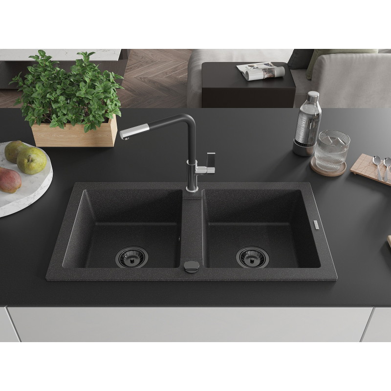 Mexen Mario granitische spoelbak 2-kamer met keukenmengkraan Flora, zwart gespikkeld - 6504-76-670401-07-B