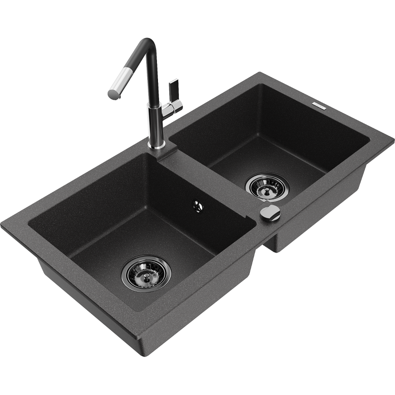 Mexen Mario fregadero de granito de 2 cubetas con grifo de cocina Flora, negro moteado - 6504-76-670401-07-B