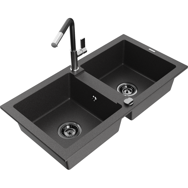 Mexen Mario granite kitchen sink with 2 compartments and Flora kitchen tap, black speckled - 6504-76-670401-07-B