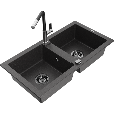 Mexen Mario granitische spoelbak 2-kamer met keukenmengkraan Flora, zwart gespikkeld - 6504-76-670401-07-B