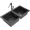 Mexen Mario lava-louça de granito de 2 cubas com torneira de cozinha Flora, preto salpicado - 6504-76-670401-07-B
