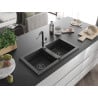 Mexen Mario Granitspüle 2-Kammer mit Küchenarmatur Flora, schwarz gesprenkelt - 6504-76-670401-07-B