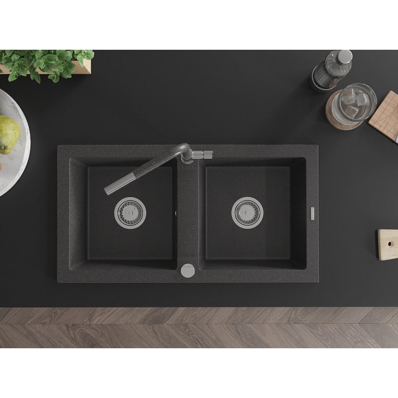 Mexen Mario fregadero de granito de 2 senos con grifo de cocina Flora, negro moteado - 6504-76-670401-08