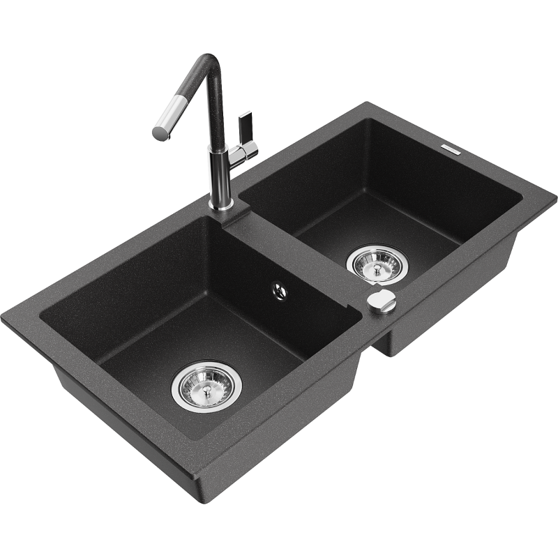 Mexen Mario 2-chamber granite sink with Flora kitchen tap, black speckled - 6504-76-670401-08
