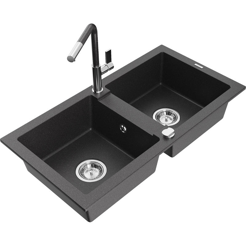 Mexen Mario lava-louça de granito com 2 cubas e misturadora de cozinha Flora, preto salpicado - 6504-76-670401-08