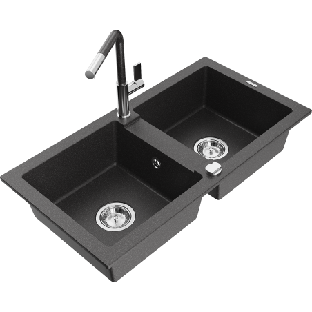 Mexen Mario 2-chamber granite sink with Flora kitchen tap, black speckled - 6504-76-670401-08