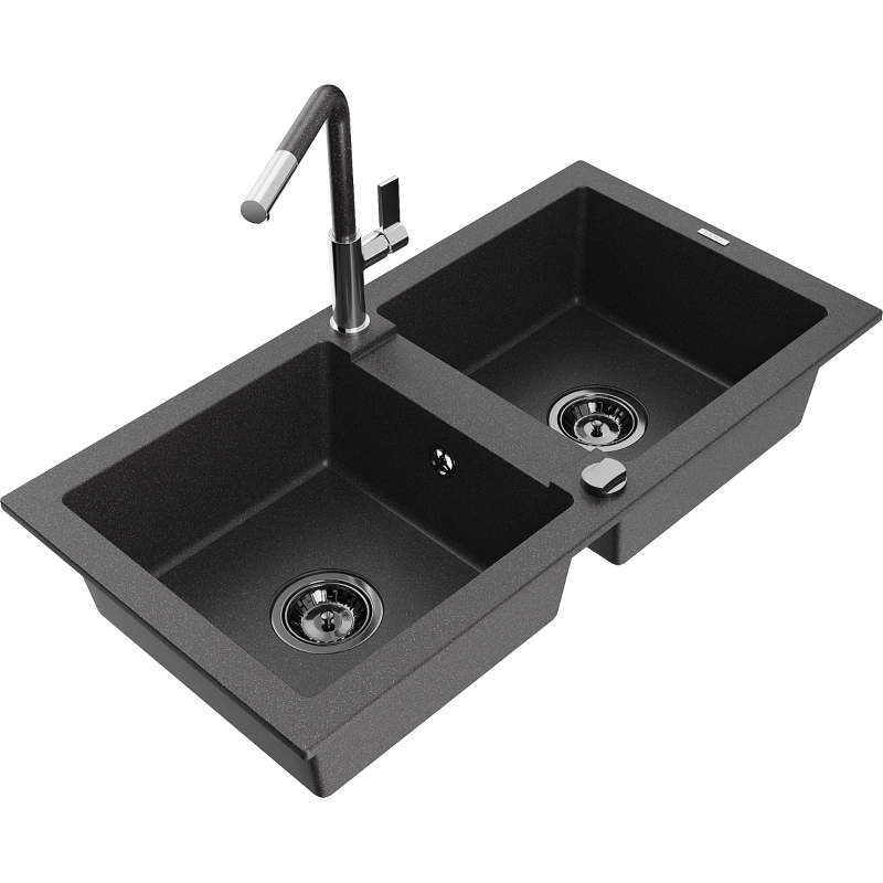 Mexen Mario granitdiskbänk med 2 fack och Flora köksblandare, svart med spräckligt mönster - 6504-76-670401-08-B