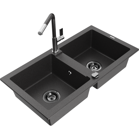 Mexen Mario Granite Kitchen Sink 2-Bowl with Flora Tap, Speckled Black - 6504-76-670401-08-B