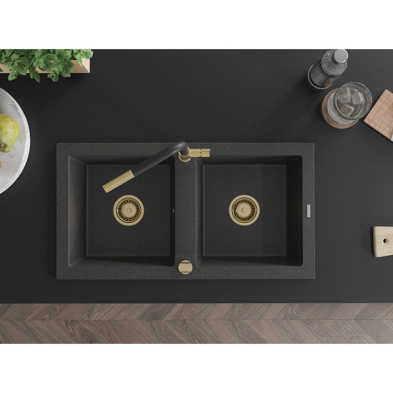Mexen Mario fregadero de granito de 2 senos con grifo de cocina Flora, negro moteado - 6504-76-670401-57-G