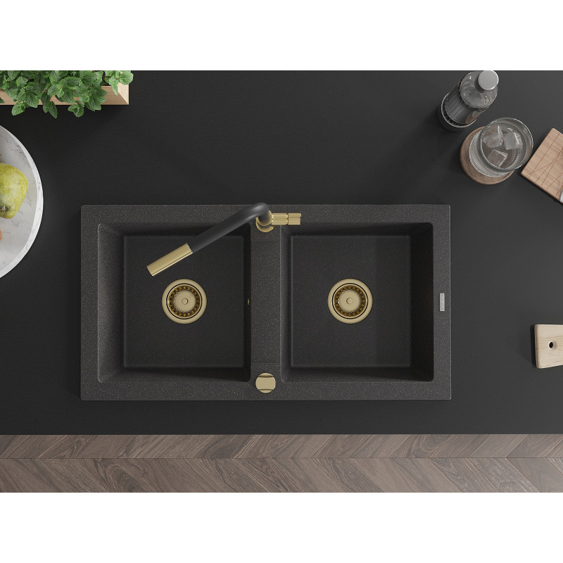 Mexen Mario zlewozmywak granitowy 2-komorowy z baterią kuchenną Flora, czarny nakrapiany - 6504-76-670401-57-G