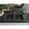 Mexen Mario granite 2-bowl sink with Flora kitchen tap, speckled black - 6504-76-670401-57-B