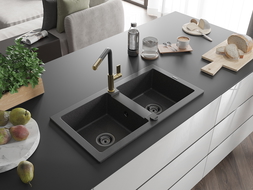 Mexen Mario granite 2-bowl sink with Flora kitchen tap, speckled black - 6504-76-670401-57-B