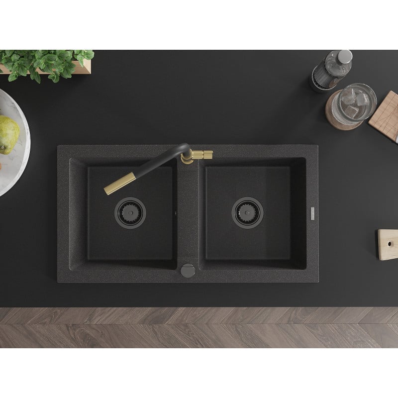 Mexen Mario granite 2-bowl sink with Flora kitchen tap, speckled black - 6504-76-670401-57-B