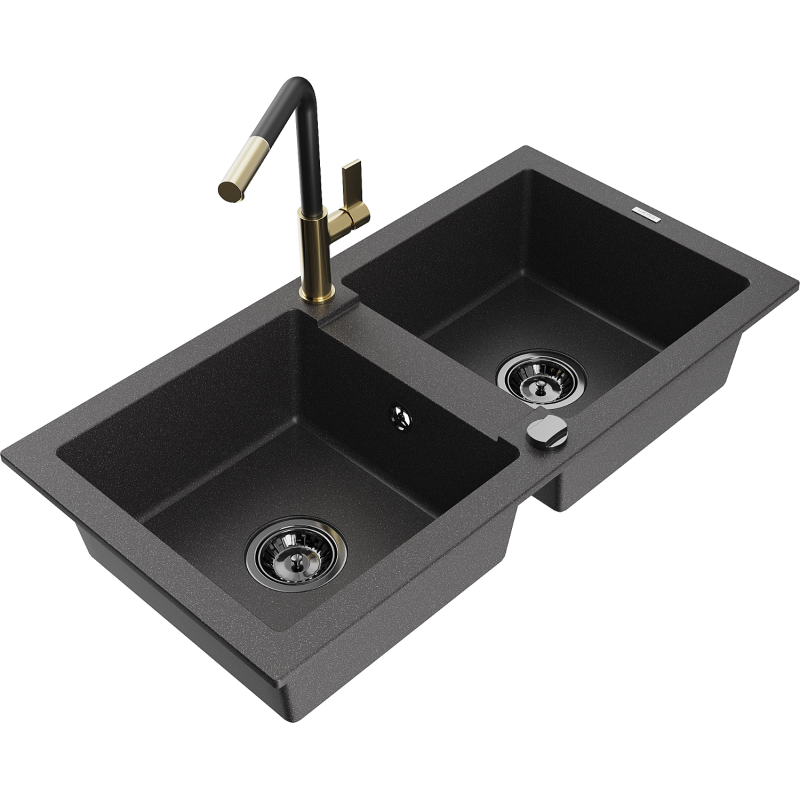 Mexen Mario lava-louça de granito de 2 cubas com torneira de cozinha Flora, preto salpicado - 6504-76-670401-57-B