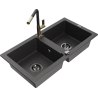 Mexen Mario lava-louça de granito de 2 cubas com torneira de cozinha Flora, preto salpicado - 6504-76-670401-57-B